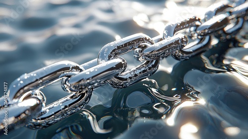 Metallic Chain Linked Together Floating on Water Surface Reflecting Light in a Calm and Serene Environment