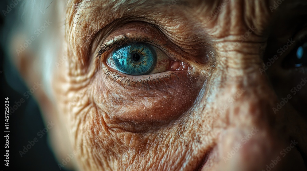 Close-Up of an Elderly Person's Eye Highlighting Unique Blue Iris and Wrinkles, Capturing Expressions of Wisdom and Experience in Intricate Detail Close-Up of an Elderly Person's Eye Highlighting Unique Blue Iris and Wrinkles, Capturing Expressions of Wisdom and Experience in Intricate Detail