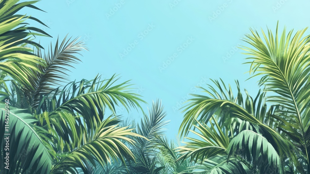 Fototapeta premium Tropical palm tree tops against a clear blue sky creating a serene and lush background for relaxation and vacation themes