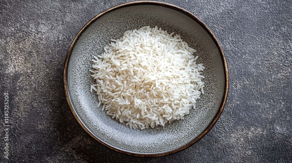 Close-Up View of Raw White Rice Neatly Arranged in a Decorative Bowl Set Against a Rustic Textured Background for Culinary and Food Photography Close-Up View of Raw White Rice Neatly Arranged in a Decorative Bowl Set Against a Rustic Textured Background for Culinary and Food Photography