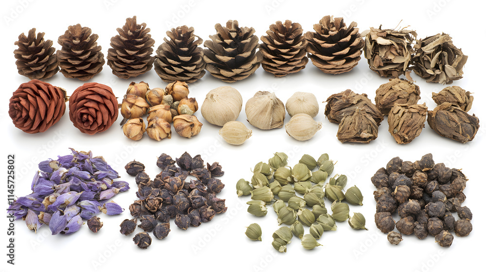 A collection of various dried botanicals including pine cones, flower buds, seeds, and spices, arranged neatly on a white background. Ideal for aromatherapy, crafts, or culinary uses. A collection of various dried botanicals including pine cones, flower buds, seeds, and spices, arranged neatly on a white background. Ideal for aromatherapy, crafts, or culinary uses.