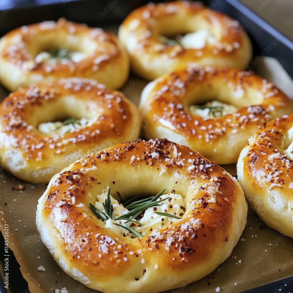 Rosemary and Cheese Filled Yeast Bread Rings Baked on Tray