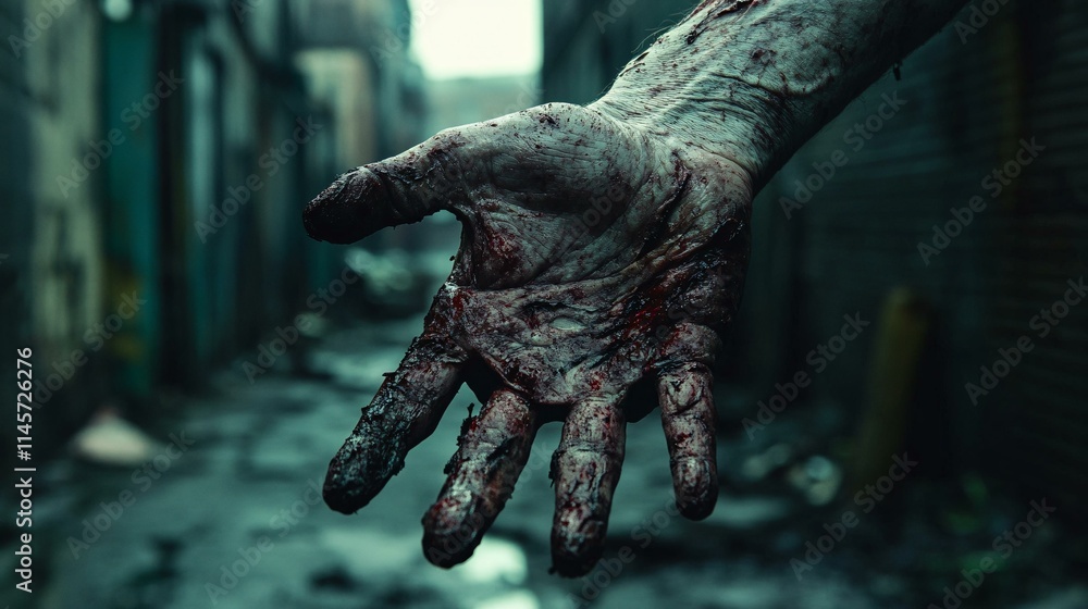 A close-up of a human hand with veins darkening and skin deteriorating, showing the gradual transformation into a zombie, set against a dimly lit urban background A close-up of a human hand with veins darkening and skin deteriorating, showing the gradual transformation into a zombie, set against a dimly lit urban background