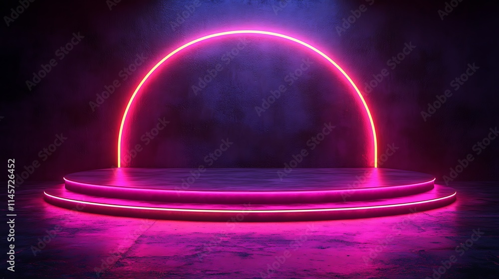 Futuristic pink neon circle light illuminates a dark, empty, circular stage with two levels. Futuristic pink neon circle light illuminates a dark, empty, circular stage with two levels.