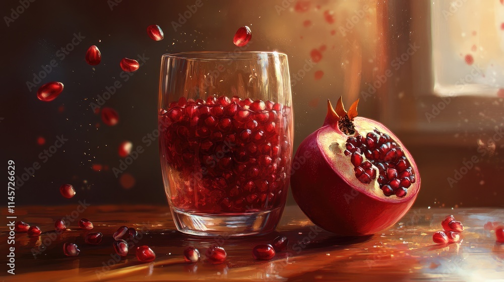 Ripe pomegranate with scattered seeds and a glass filled with juicy seeds showcasing fresh fruit on a wooden surface in natural light Ripe pomegranate with scattered seeds and a glass filled with juicy seeds showcasing fresh fruit on a wooden surface in natural light