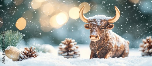 Christmas bull decoration in snowy scene with blurred natural background showcasing festive ambiance and winter charm in vertical format