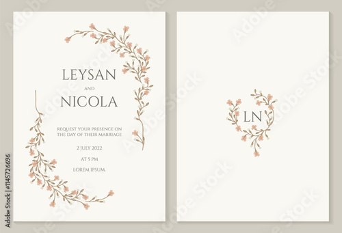Wedding invitation. Painted wreath frames with pink flowers. 