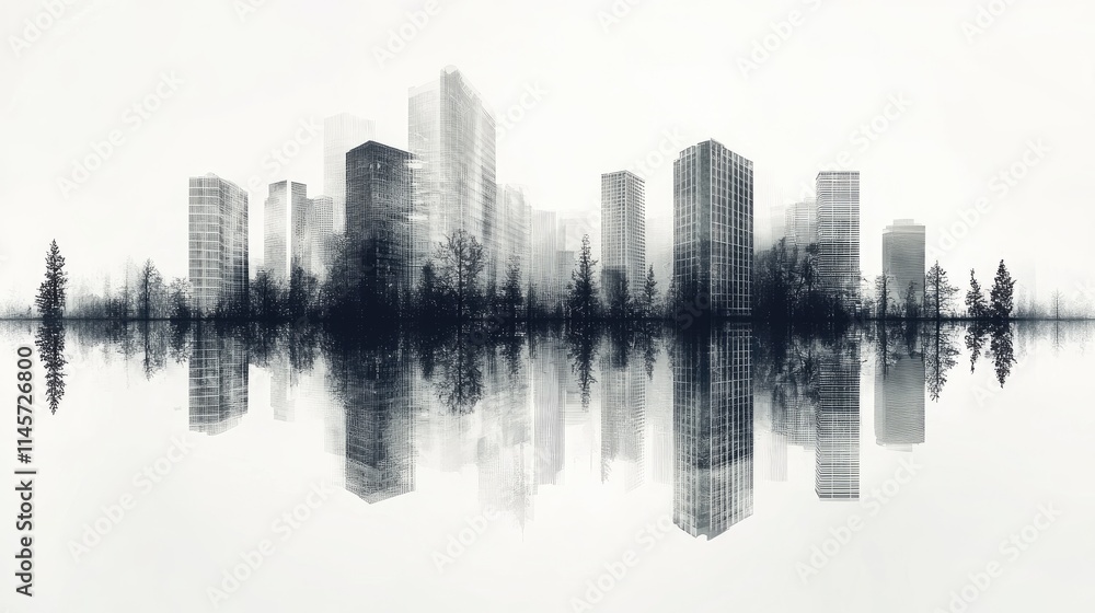 Modern city skyline with trees in double exposure effect reflecting on water surface creating a harmonious blend of nature and urban life Modern city skyline with trees in double exposure effect reflecting on water surface creating a harmonious blend of nature and urban life