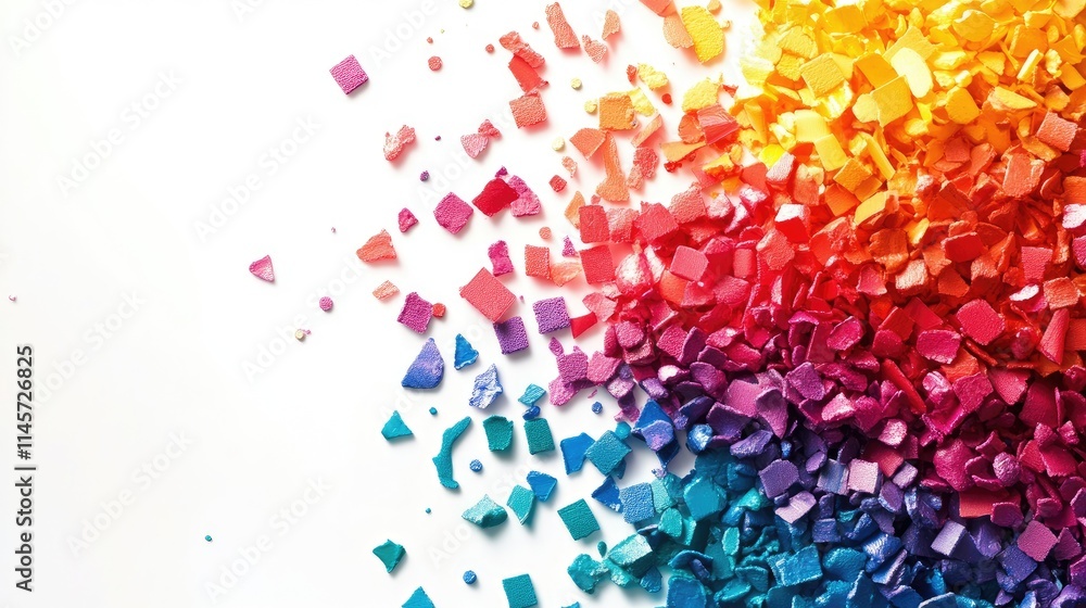 Fototapeta premium Colorful polymer masterbatch granules and chips scattered on a white background for industrial plastic product application and catalog use