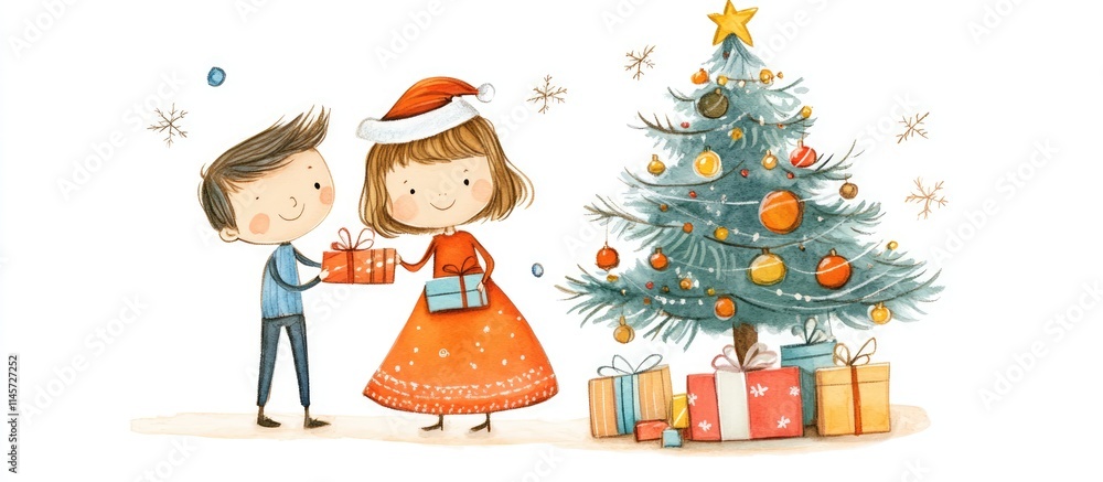 Fototapeta premium Happy young couple exchanging gifts by a beautifully decorated Christmas tree on a festive background