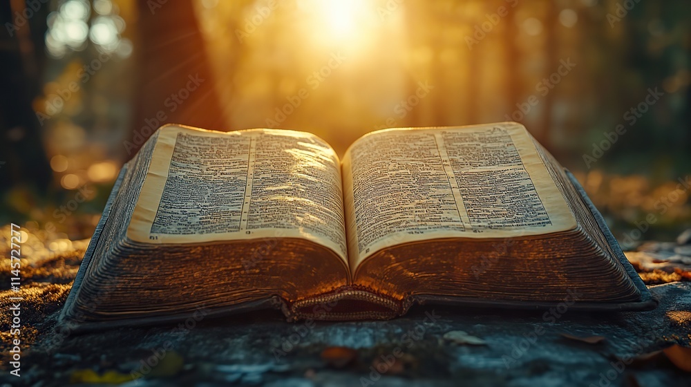 Obraz premium An open Bible bathed in sunlight symbolizes Christianity, salvation, and trust in God, offering spiritual healing and guidance through the holy story.