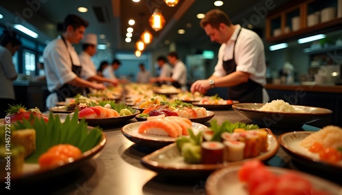 Delicious Sushi Preparation Chefs Making Japanese Cuisine