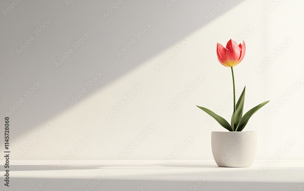 A single red tulip in a white pot, illuminated by soft light against a minimalist background. A single red tulip in a white pot, illuminated by soft light against a minimalist background.