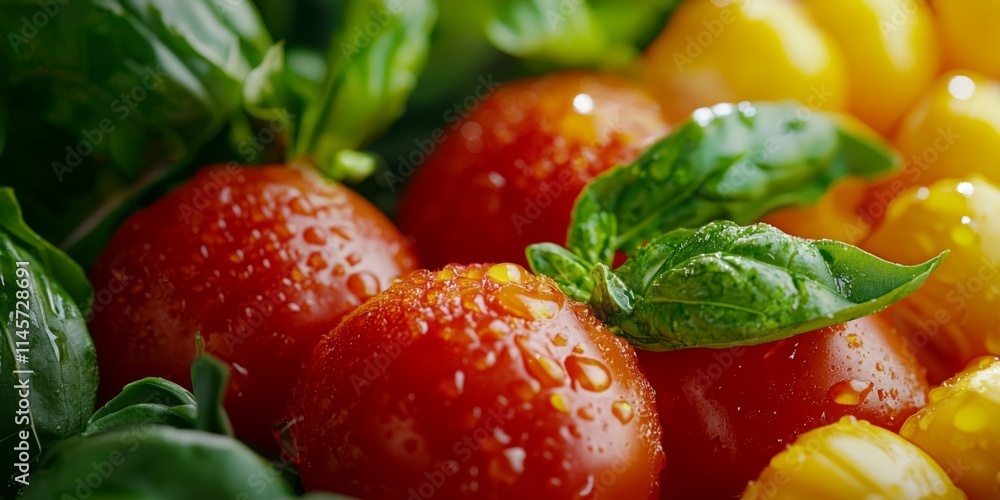 Juicy Red Yellow Tomatoes with Basil Fresh Summer Vegetables Grilling Ingredients Juicy Red Yellow Tomatoes with Basil Fresh Summer Vegetables Grilling Ingredients