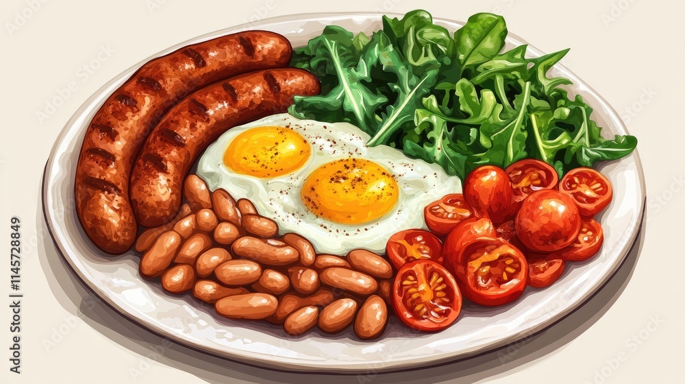 Breakfast Plate with Fried Sausages Eggs Beans Tomatoes and Greens on White Dish Over Neutral Background Breakfast Plate with Fried Sausages Eggs Beans Tomatoes and Greens on White Dish Over Neutral Background