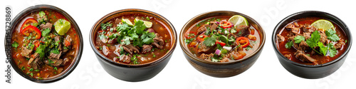 A vibrant assortment of four bowls of flavorful birria soup, each garnished with fresh herbs, vegetables, and lime.