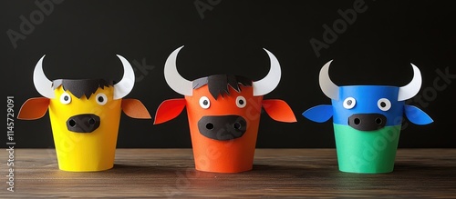 Colorful bull paper cup craft for kids easy DIY tutorial step by step farmyard animal project fun activities for kindergarten and preschool age