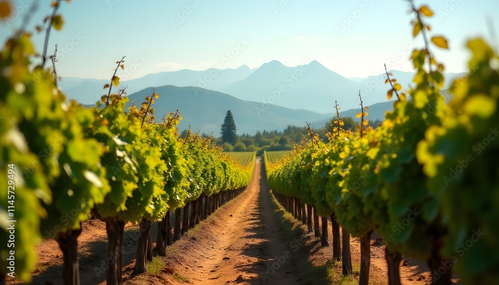Fototapeta premium Scenic Vineyard Rows Mountain Landscape Summer Sun Grape Vines