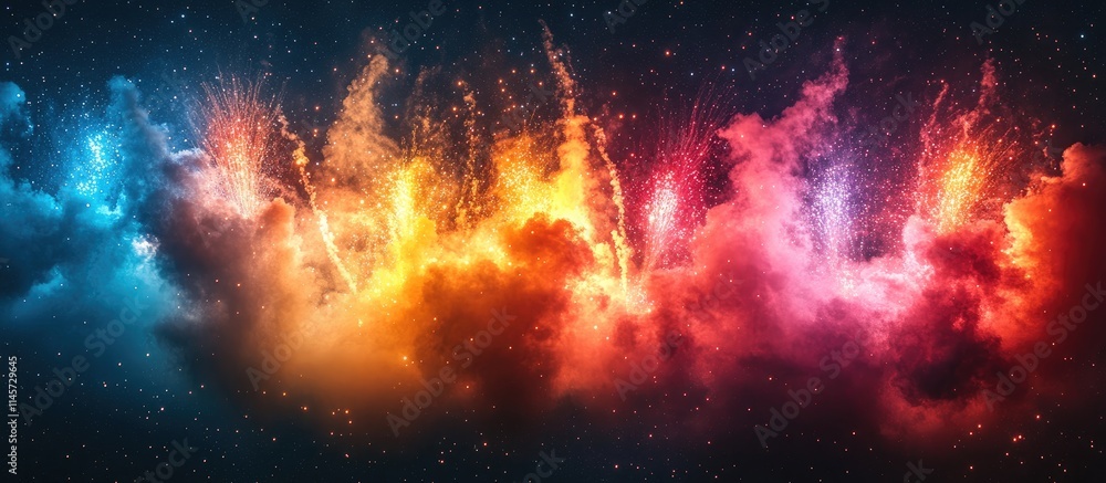 Fototapeta premium Vibrant fireworks display in a night sky with colorful bursts and smoke creating a stunning visual spectacle