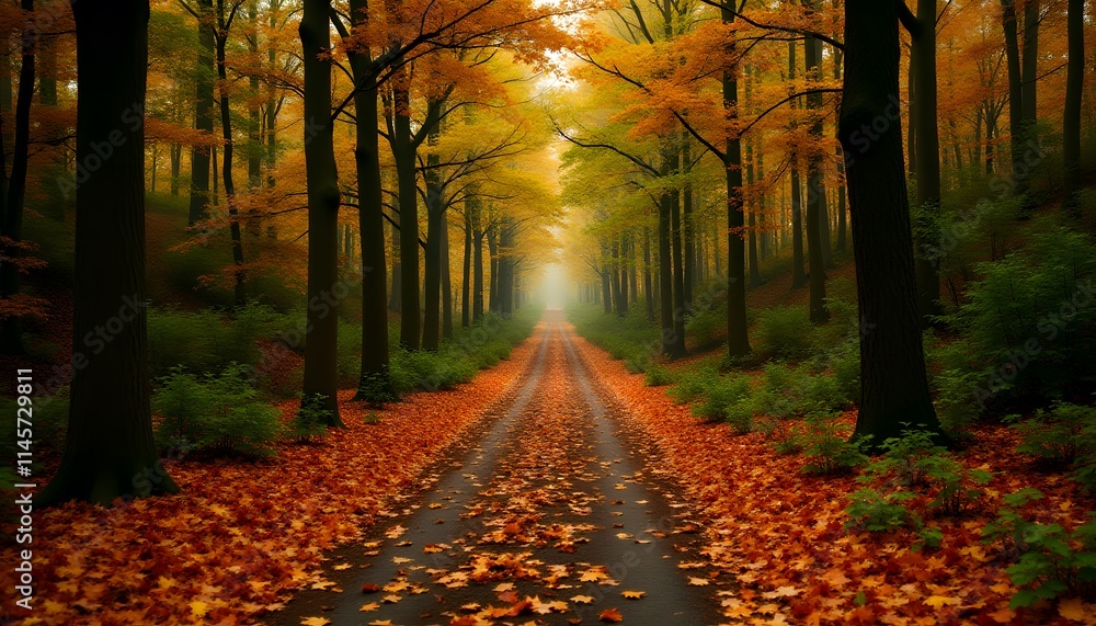 Obraz premium Autumnal Forest Road Fall Foliage Trees Pathway