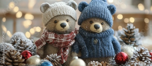 Wallpaper Mural Two adorable teddy bears in winter attire surrounded by festive decorations and pine cones, perfect for holiday themes and seasonal warmth. Torontodigital.ca