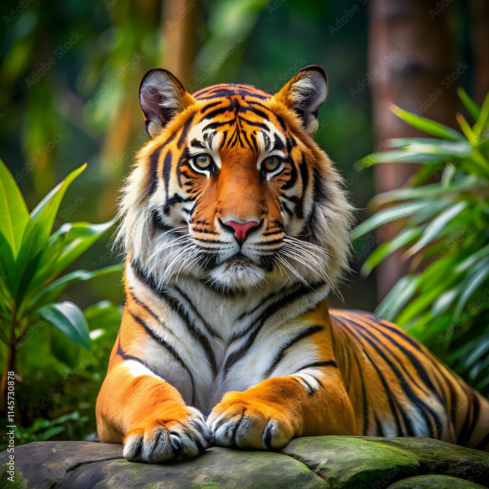 Malayan tiger laying in the forest showcasing Malayan tiger laying in the forest showcasing