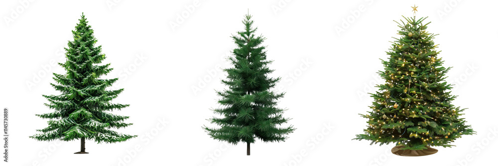 Three distinct Christmas trees showcasing various styles: one natural, one frosted, and one adorned with colorful decorations. Three distinct Christmas trees showcasing various styles: one natural, one frosted, and one adorned with colorful decorations.