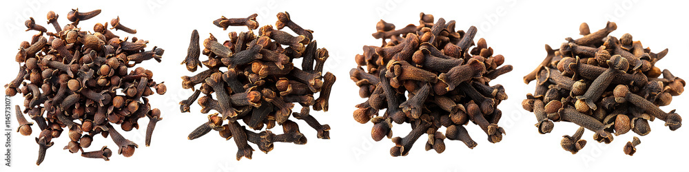A collection of whole cloves arranged in distinct piles, showcasing their rich, dark brown color and varied sizes. A collection of whole cloves arranged in distinct piles, showcasing their rich, dark brown color and varied sizes.