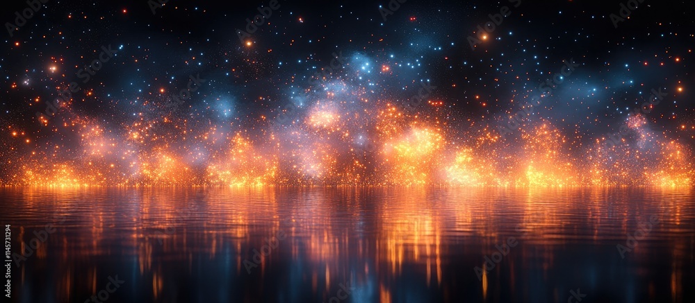 Obraz premium Colorful fireworks display reflected on water creating a magical atmosphere for celebrations against a dark night sky background.