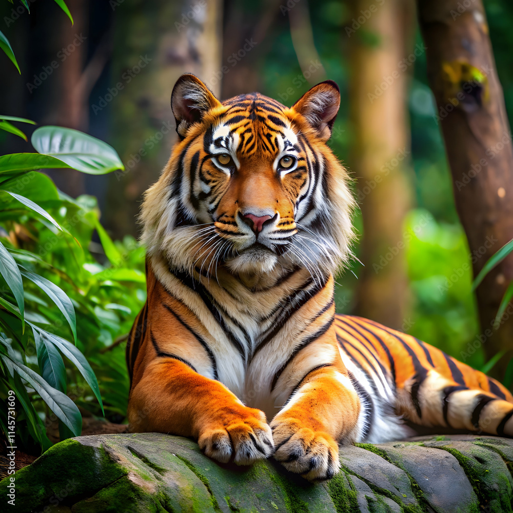 Malayan tiger laying in the forest showcasing Malayan tiger laying in the forest showcasing