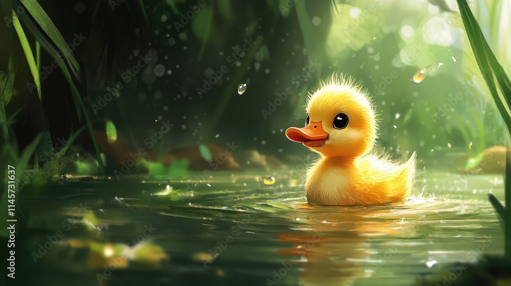 Cute baby duckling paddling in a serene pond surrounded by lush greenery and soft sunlight creating a whimsical and tranquil atmosphere. Cute baby duckling paddling in a serene pond surrounded by lush greenery and soft sunlight creating a whimsical and tranquil atmosphere.