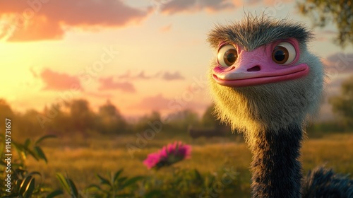 Playful cartoon ostrich character with expressive features set against a vibrant sunset background in a lush farm landscape. photo