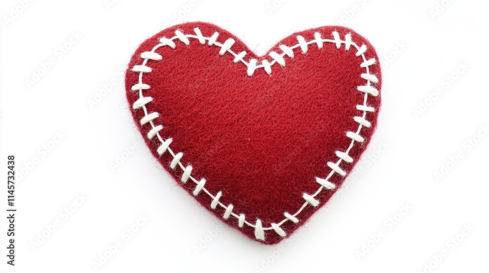 Handcrafted red felt heart with white stitching on a white background symbolizing love and affection in a creative and artistic style Handcrafted red felt heart with white stitching on a white background symbolizing love and affection in a creative and artistic style
