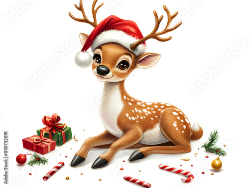 Cute Rudolph cartoon reindeer with gift box and red nose for xmas holiday celebration