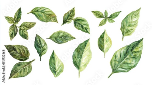Assorted fresh basil leaves isolated on white background showcasing vibrant green colors and various unique shapes for culinary use.