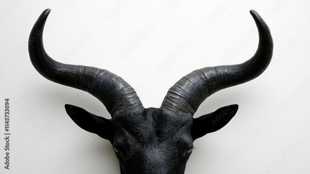 A close-up view of a black bull's head with prominent horns against a plain background. A close-up view of a black bull's head with prominent horns against a plain background.
