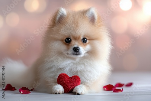 Pomeranian puppy celebrates valentine's day with cute heart plush photo