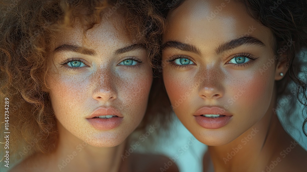 Obraz premium Attractive models with flawless skin pose for a fashion shoot, highlighting beauty and style.