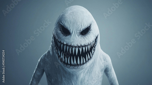 Creepy Creature Close-Up: A chillingly detailed 3D render of a monstrous, amorphous being with a grotesque grin and sharp teeth, set against a muted blue backdrop. Perfect for horror, Halloween.