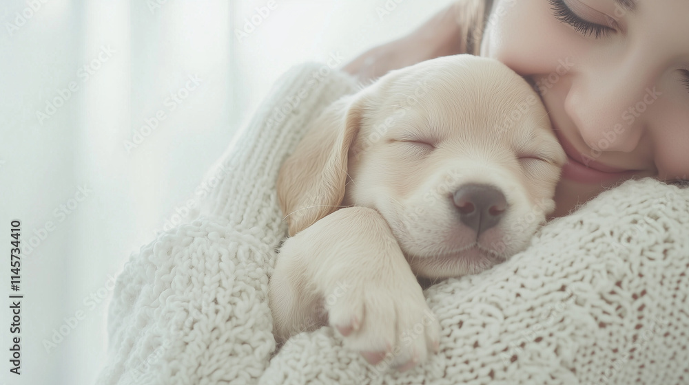 A Touch of Pure Love: A young woman tenderly cradles a sleeping puppy, radiating warmth and unconditional affection. A Touch of Pure Love: A young woman tenderly cradles a sleeping puppy, radiating warmth and unconditional affection.