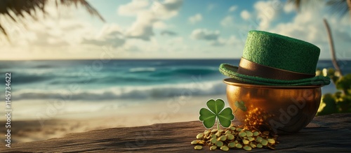 St Patrick's Day festive scene featuring a pot of gold, green hat, and clover leaf by the beach with a serene ocean backdrop