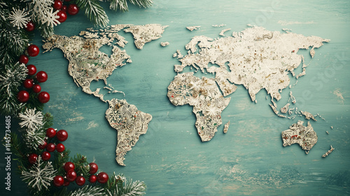World Map Christmas Decor: A vintage world map adorned with festive Christmas decorations. The image creates a cozy and festive atmosphere, perfect for holiday greetings, travel promotions.