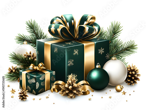 Golden Christmas gift boxes with red ribbon and bauble decor celebrate the winter holiday season