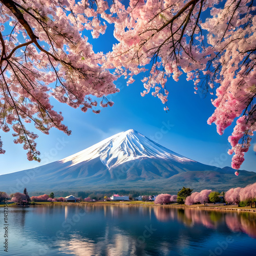 mount Fuji with cherry blossoms in full bloom photo