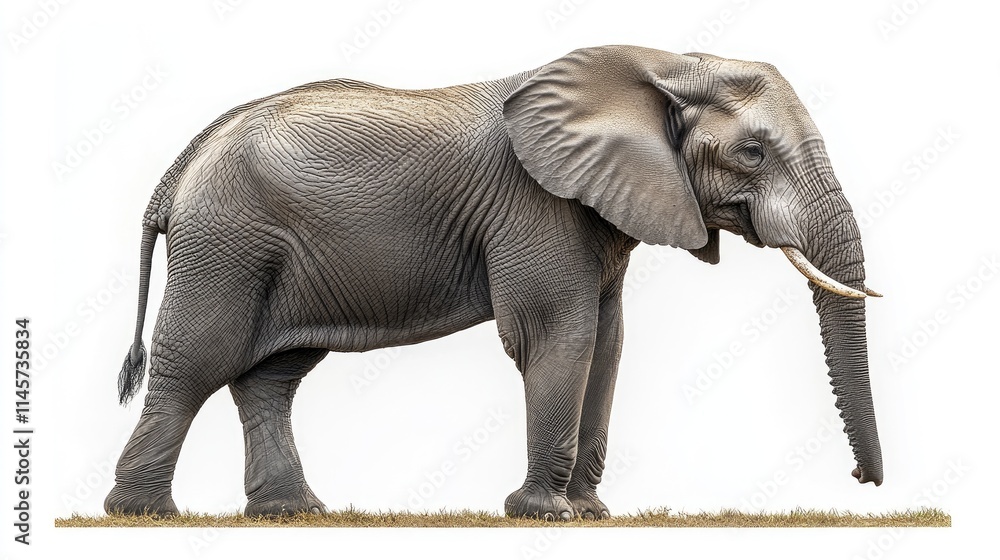 Obraz premium Realistic illustration of an elephant standing gracefully against a white background showcasing its majestic features and intricate textures