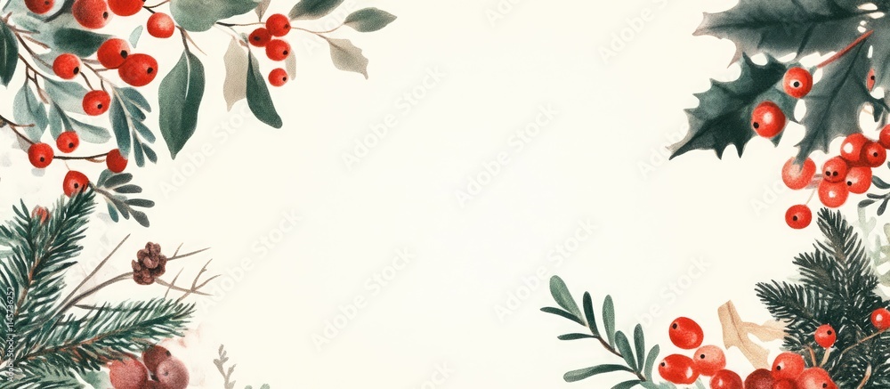 Fototapeta premium Holiday postcard backdrop with festive botanical elements for seasonal designs and personalized messages.