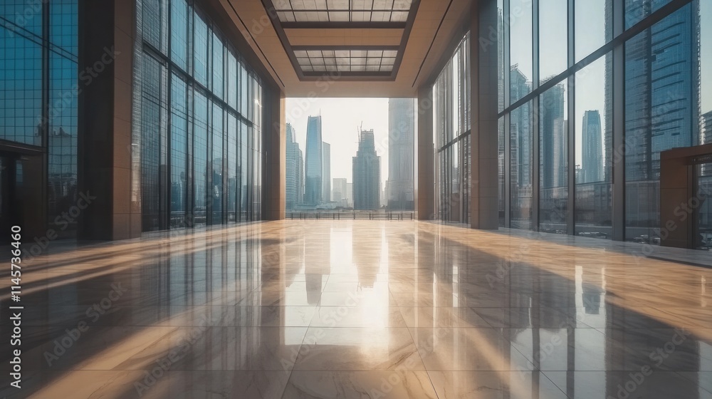 Modern Cityscape View Through Glass Walls of a Luxurious Lobby Modern Cityscape View Through Glass Walls of a Luxurious Lobby