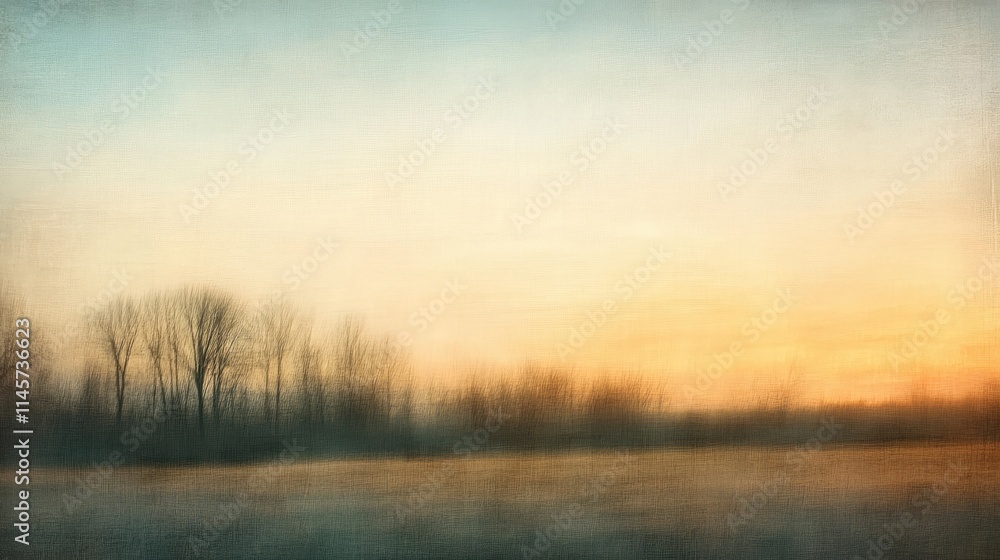 Fototapeta premium Softly blurred vintage sunset over a tranquil meadow with silhouettes of trees creating a serene natural landscape atmosphere.