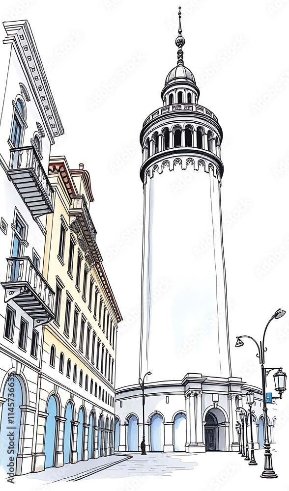 Obraz premium Elegant City Tower: Detailed Hand-Drawn Illustration. AI Generated