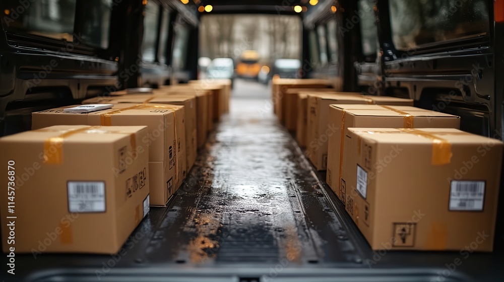 Boxes in a delivery van represent distribution transport, online shopping orders, supply chain, vehicle packages, truck export shipping, ecommerce mail, and logistics. Boxes in a delivery van represent distribution transport, online shopping orders, supply chain, vehicle packages, truck export shipping, ecommerce mail, and logistics.